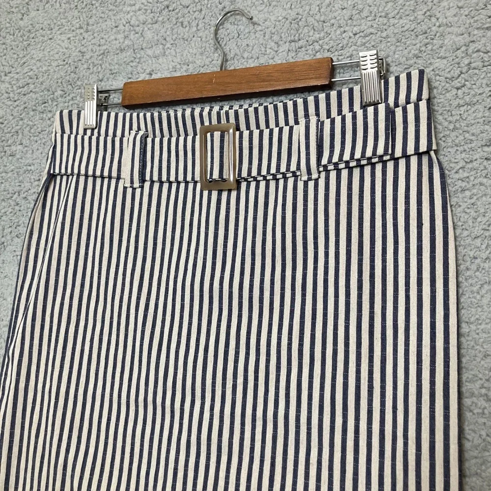 NWOT Linda Matthews Pencil Skirt Women M Navy Oatmeal Linen Blend Striped Belted